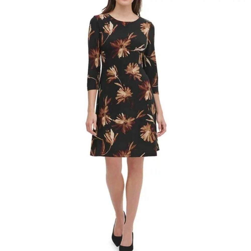 TOMMY HILFIGER Miranda Floral Dress Floral 3/4 Sleeve Crew Neck Stretch …